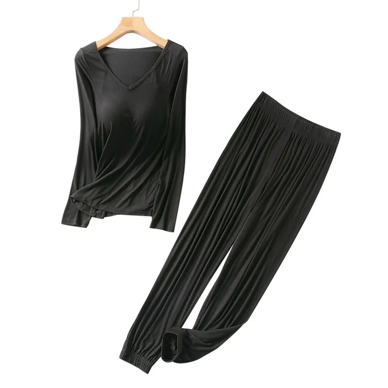 AECU Women Modal Pajamas Sets Autumn Winter  Padded Top Long Sleeve O-neck T-Shirt All Match Tee Long Johns Bra-T Homewear