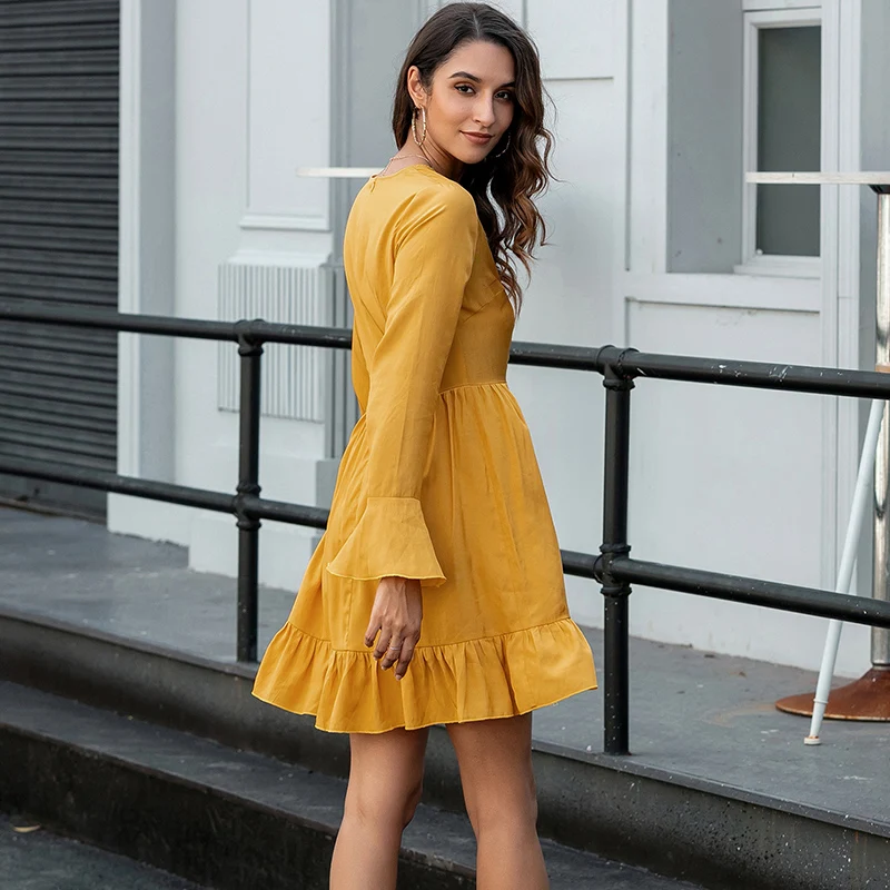 

2021 Summer New Women's Fashion Casual Solid V Neck Zippers Flare Long Sleeve Tunic Empire A Line Mini Dress Ladies Slim Basic