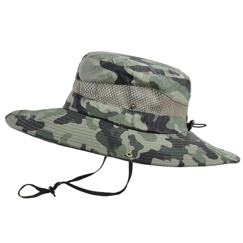 

Camouflage Hiking Camping Mountain Outdoor Men Hats Fishing Solid Color Wide Brim Anti-UV Beach Sun Corps Caps Bucket Hat Summer