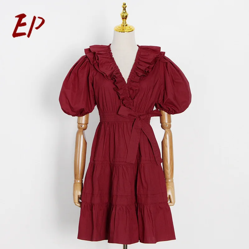 

EP Bodycon Women Dress Fashion 2021 Spring V-neck Patchwork Ruffled Puffy Sleeves Short Sleeves Belted Waist Skirt