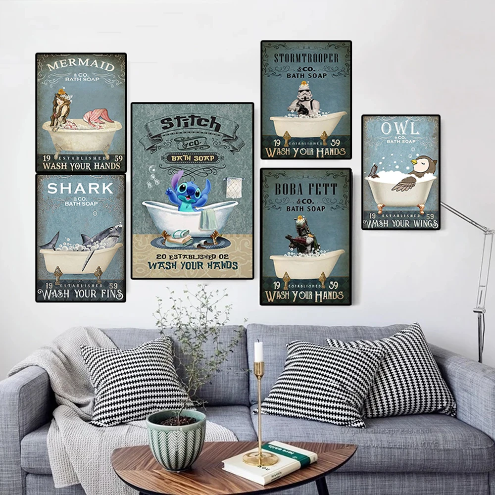 

Disney Funny Bathroom Wall Art Decor Poster Cartoon Lilo & Stitch Bath Canvas Painting Groot Toilet Picture Home Decoration