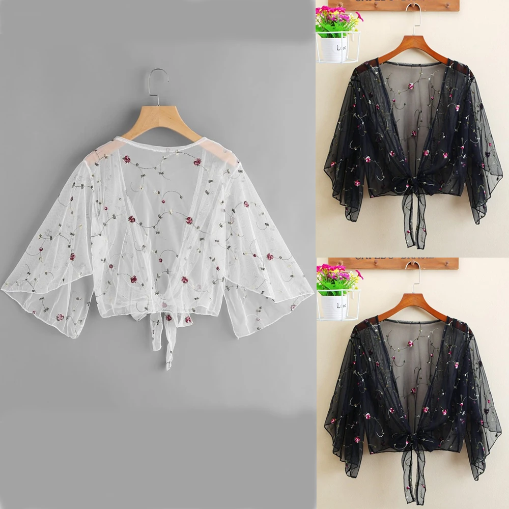 

Women Breathable Embroidered Tulle Cardigan Blouse Summer Thin Coat Loose Lace Long Shirts Tops