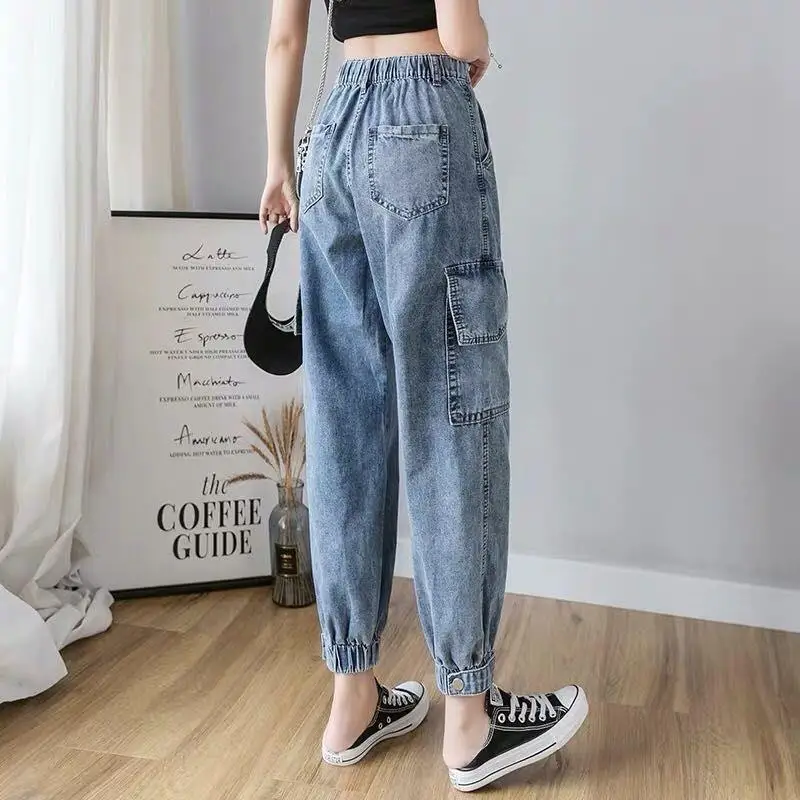 

Large size fat mm overalls female Korean students loose slimming bf wind Joker nine-point toe Harlan pants