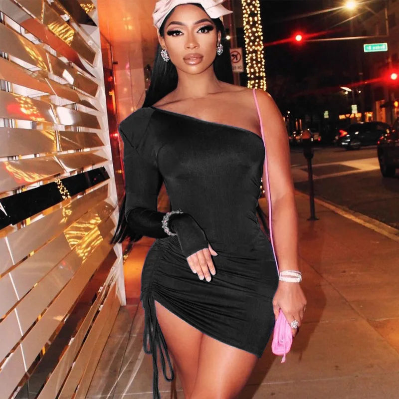 

Fashion Pleated Oblique Shoulder Sexy Tight Dress Elegant Club Outfits for Women Party Halter Summer Dress Vestido