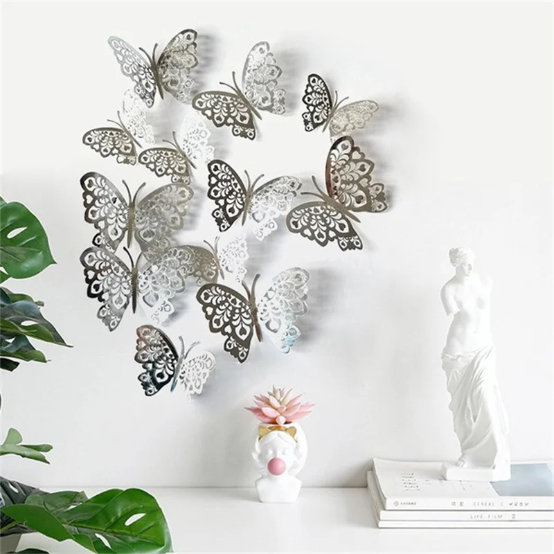 

12pcs Creative Hollowed Out Butterfly Decoration Stickers Home Festival Layout Cardboard Hollowed Out Butterfly Wall Decoration