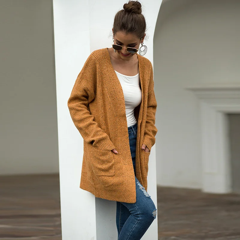 Sweater women 2019 autumn and winter loose large size knit cardigan pocket solid color European American vestidos MMY77035 |