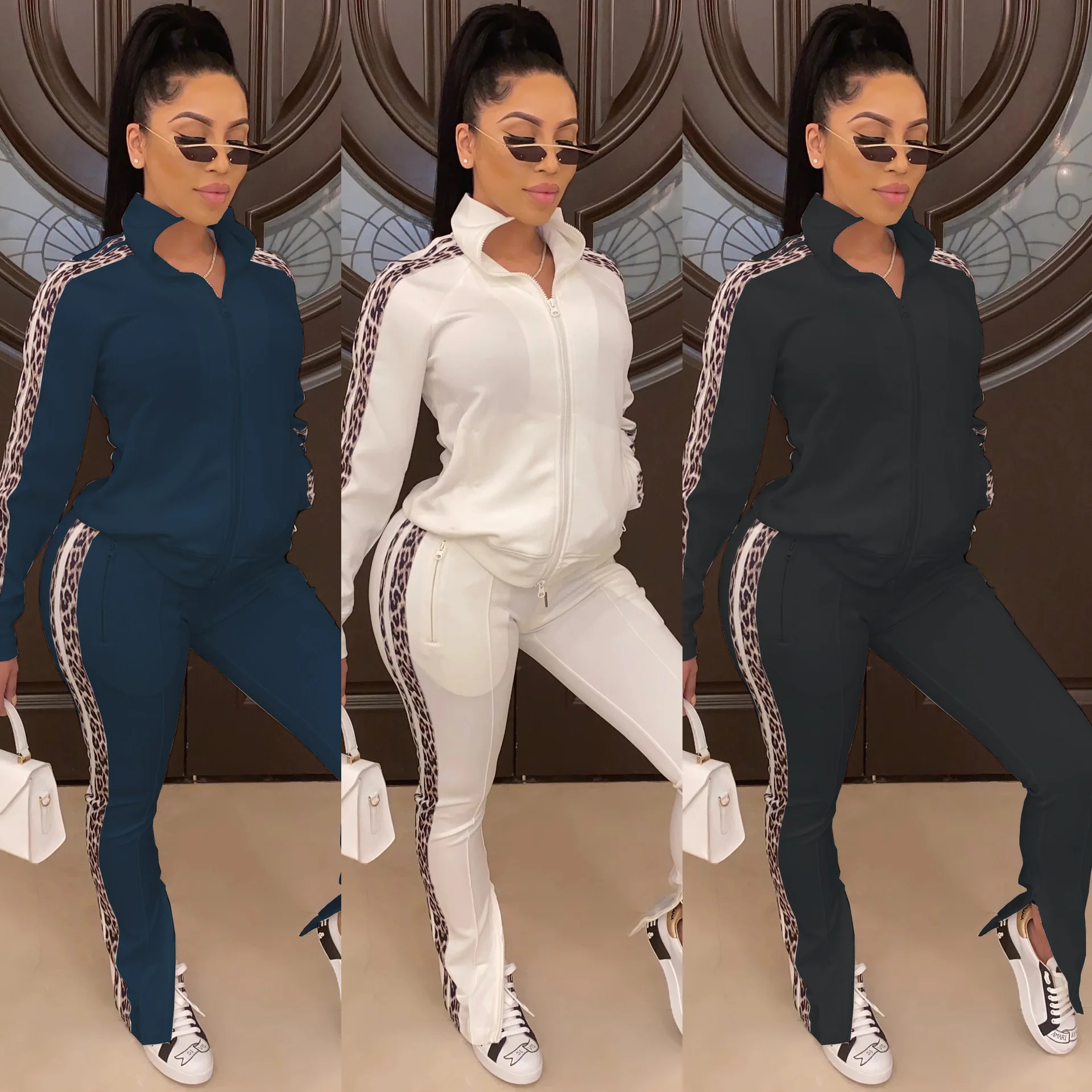 Зимний женский комплект спортивный костюм с длинным рукавом Леопардовый принт