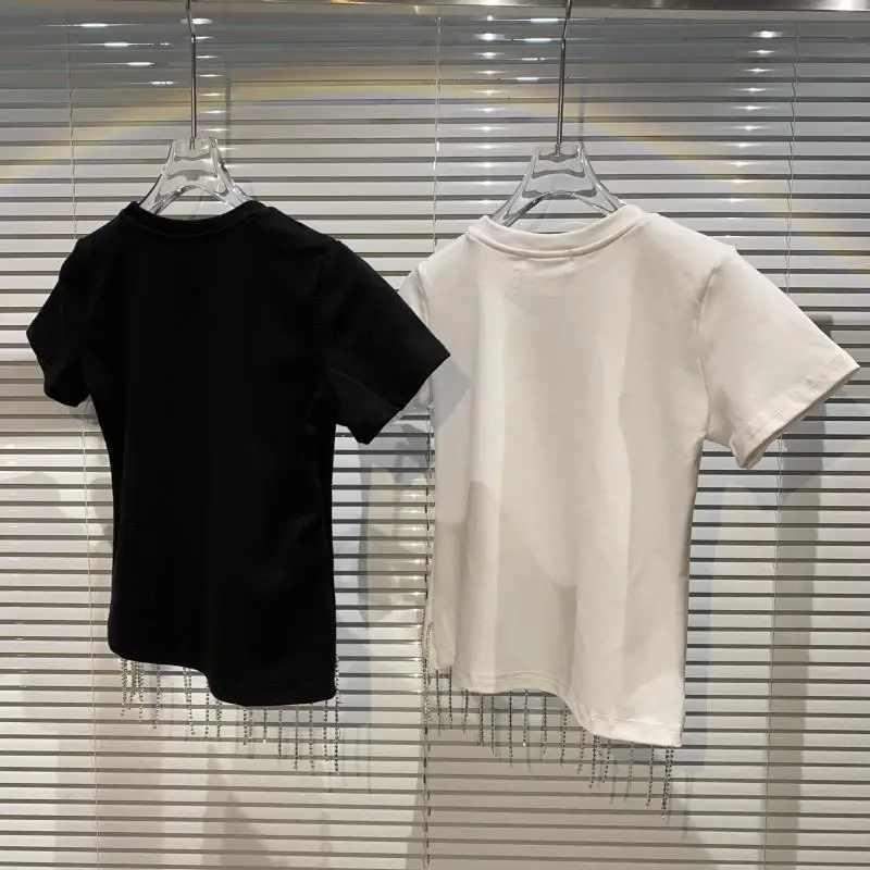

2021 Summer New Vertical Rhinestone Chain t-shirt women fashion Ladies Short Sleeve Short top tees