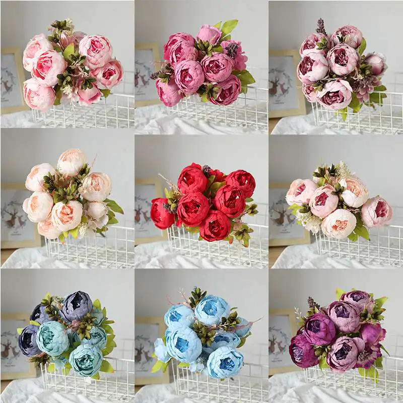 Fake flower Home Party Decor Bunch Silk Peony Artificial Flowers Wedding Bouquet 13 Heads | Дом и сад