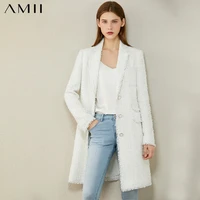amii minimalism autumn winter fashion tweed jacket temperament plaid lapel single breasted long blazer women coat 12070378