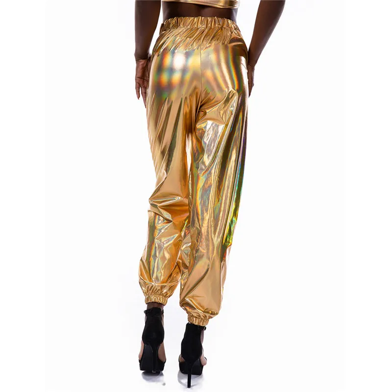 

Silver Holographic Wet Look Long Pants Women High Waist Pencil Pants Fashion Hip Hop Girl Street Dance Party Shiny Long Trousers
