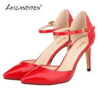 loslandifen womens pointed toe patent leather high heels sexy ankle strap sandals pumps ladies party shoes femininos