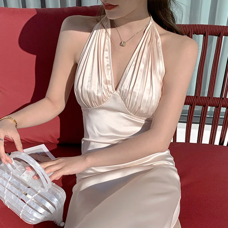 

High Quality French Dress Halter Spaghetti Strap Long Dresses Fairy Seaside Vacation Boho Beach Backless Robe Female 2021 Summer