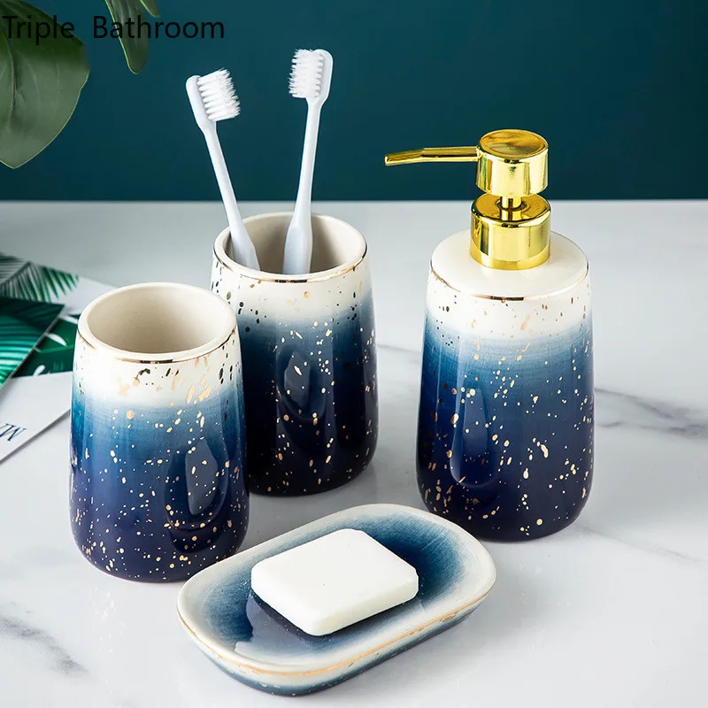 

Light luxury Gradient Blue Ceramic Four-piece suit Soap Dispenser Gargle Cup Toothbrush Holder Christmas Bathroom Decoration