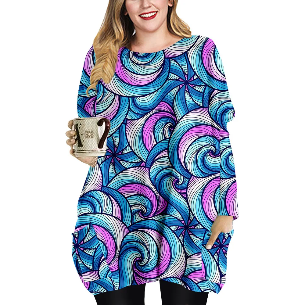 

Женское свободное мини-платье с 3D-принтом, с круглым вырезом и длинным рукавом