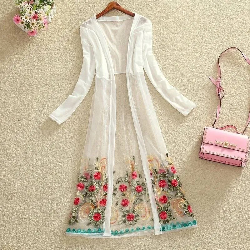 Летний кардиган блузка с вышивкой сетчатый топ размера плюс длинный для женщин