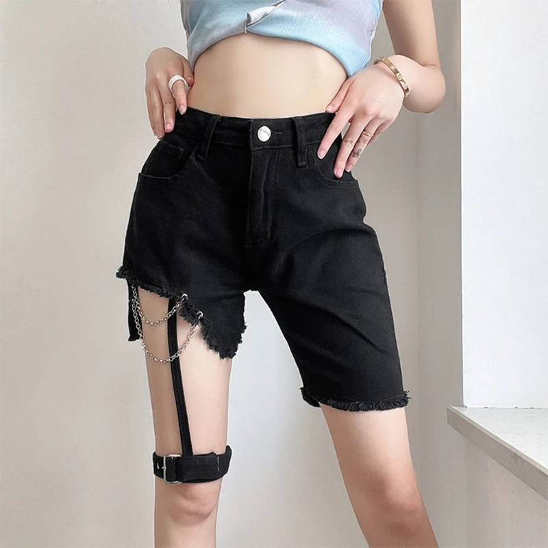 

Women Goth Punk High Waist Denim Shorts Sexy Cutout Asymmetrical Jeans Harajuku Garter Chain Frayed Hem Short Pants