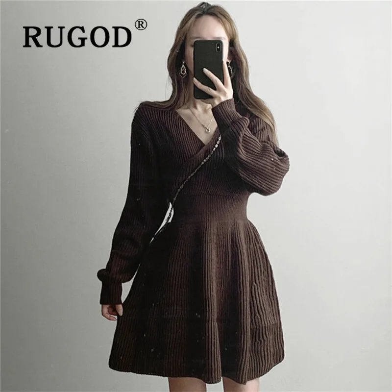 RUGOD однотонные винтажные вязаные платья для женщин корейское шикарное