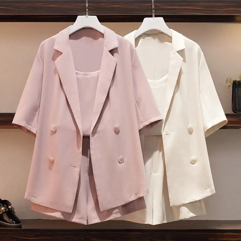 2020 Summer Women Work Style Casual Top +One Button Mid Long Blazer High Waist Loose Shorts Pants Suits 3 Pieces Sets H141 |