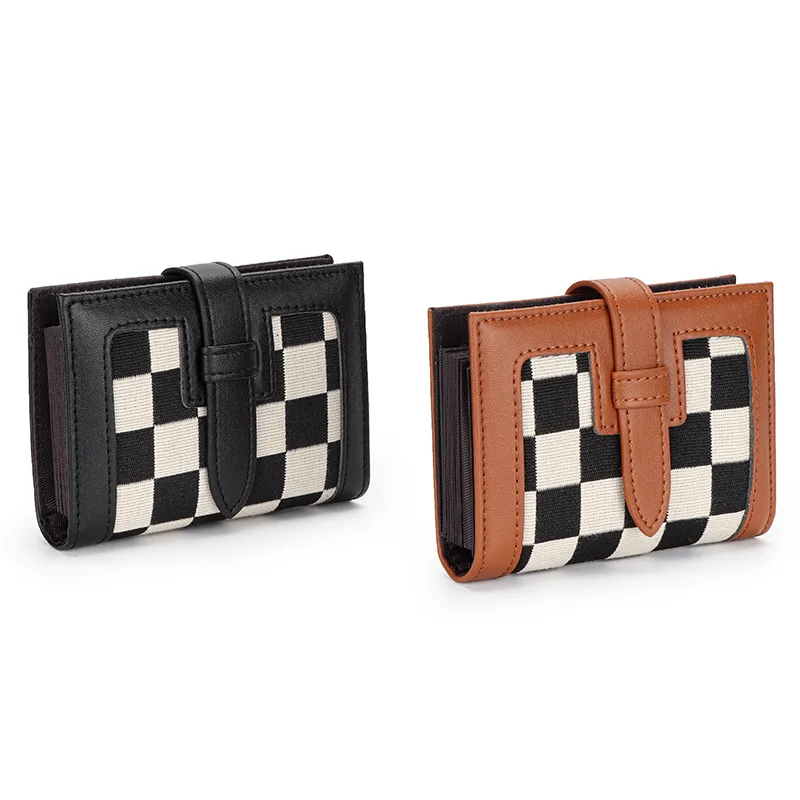 

Canvas&Microfiber Women Checkerboard Wallets Short Exquisite Drawstring Purse Women's New Mini Purse Multiple Card Slots
