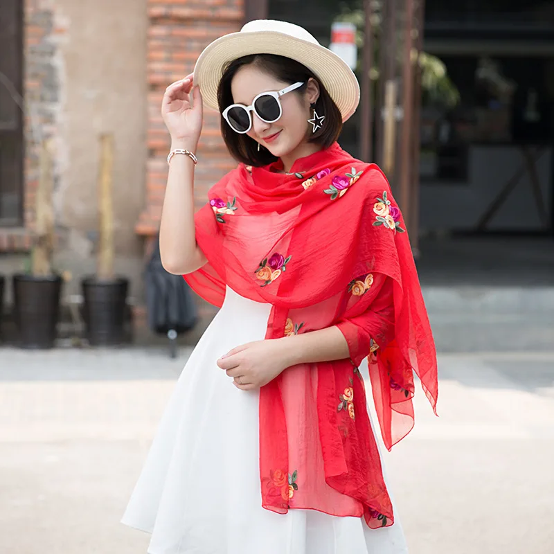 Женский шифоновый шарф с вышитыми розами Солнцезащитная шаль в национальном