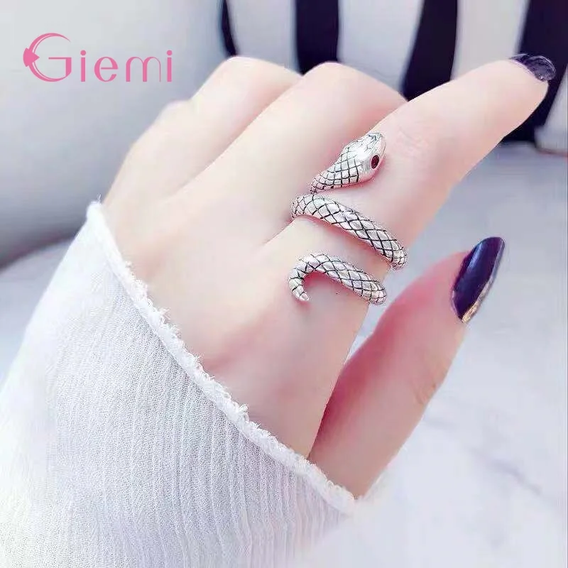 

Retro Punk Real 925 Sterling Silver Snake Ring Adjustable Size Opening Party Gift Jewelry Women Men Animal Rings Bijoux