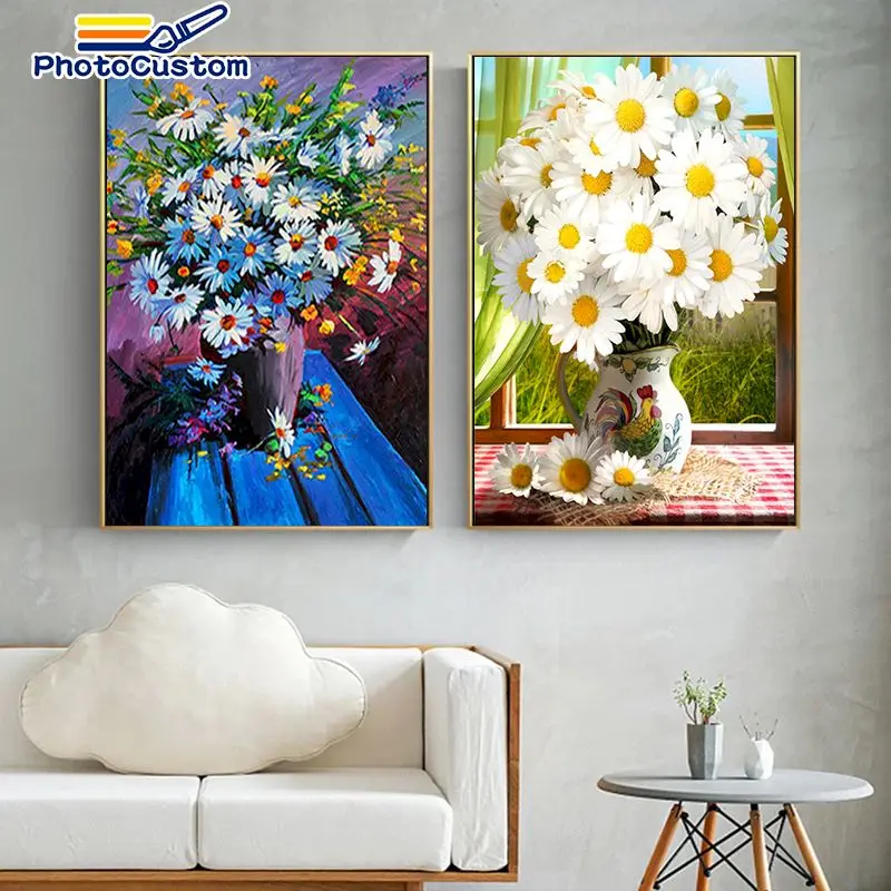 

PhotoCustom Framed Painting By Numbers Flowers Oil Painting On Canva Zero Basis DIY Gift Home Wall Decor
