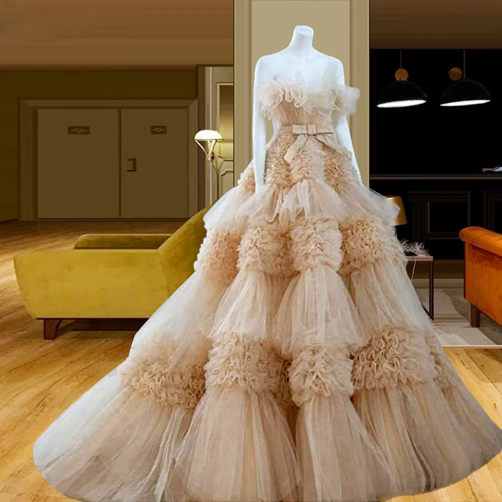 

Princess Prom Dresses A Line Multilayered Ruffles Bow Evening Dress Custom Made Off Shoulder Floor Length Party Gown