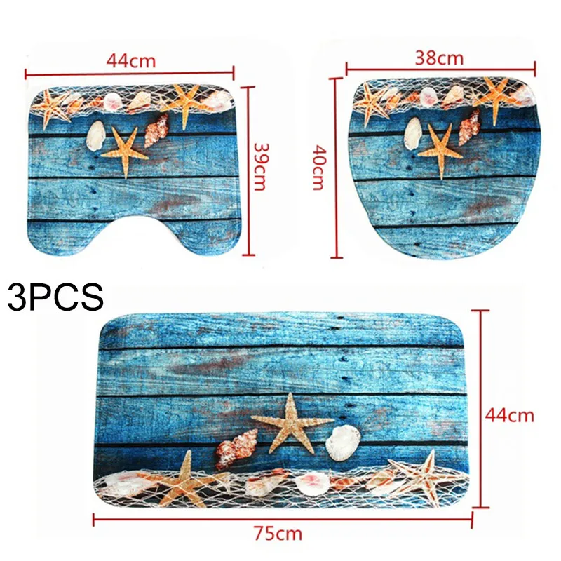 4pcs Seaside Bath Mat Set Beach Starfish Printed Shower Bathroom Carpet Home Decor Anti Slip Toilet Lid Cover Rug Floor Mats | Дом и сад