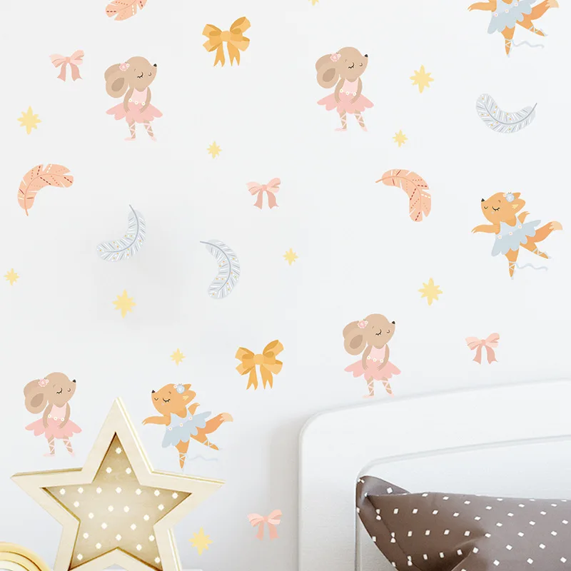 

Cartoon Animal Dancing Wall Stickers Weasel Fox Bow-knot Children Bedroom Entrance Classroom Self-sticking Wall Paper