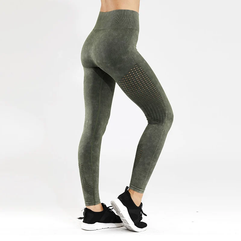 Army green Бесшовные леггинсы для фитнеса, бега, для женщин, Ретро стиль, высокая талия, для спорта, тренировки, спортзала, компрессионные колготки, лазерная резка, штаны для йоги - Цвет: Army green