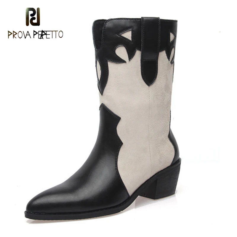 

Black and White Color Matching Cowhide Short Tube Cowboy Boots 2021 New Pointed Sleeve Middle Tube Thick Heel Western Boots