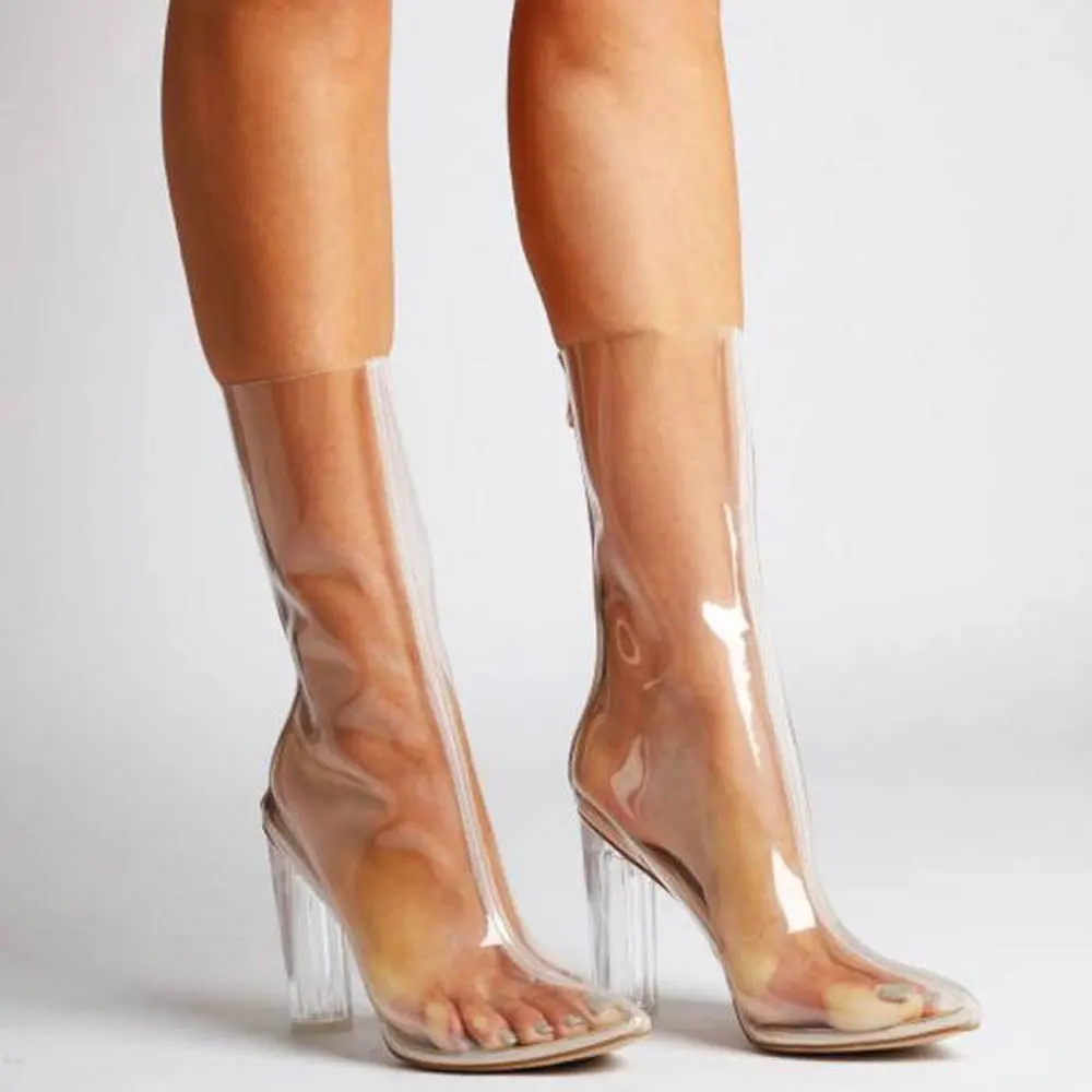 

Early spring 2020 fashion high heel thick heel transparent pointed boots