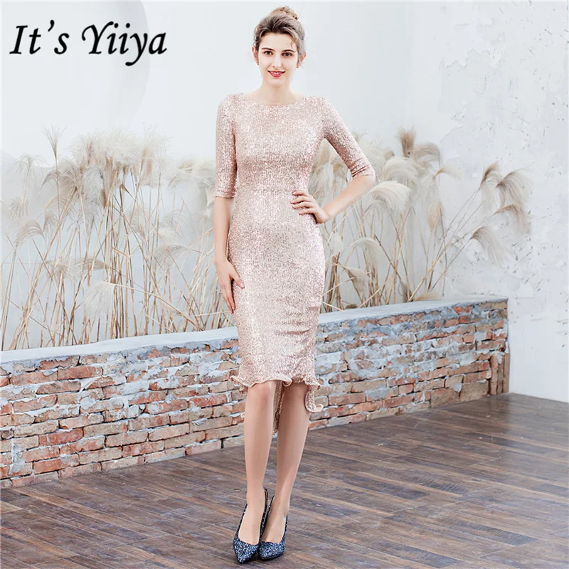 Женское платье с блестками It's Yiiya золотистое круглым вырезом и полурукавами