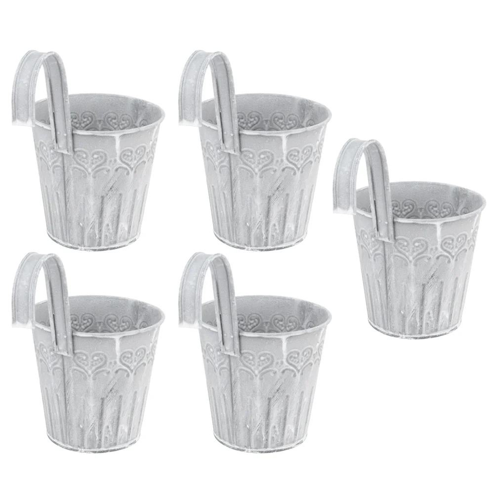 

5PC Craft Old Iron Flower Bucket with Hooks Vintage Decorative Artificial Plants Succluents Bucket Printing Potted Flower Holder