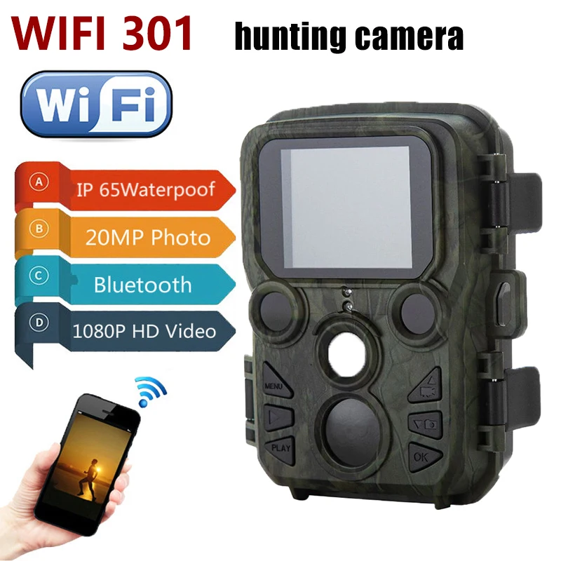 

Охотничьи камеры Wifi301, 20 МП, 1080P, ночное видение, фотоловушка для дикой природы, запись, приложение для видеонаблюдения, беспроводное управле...