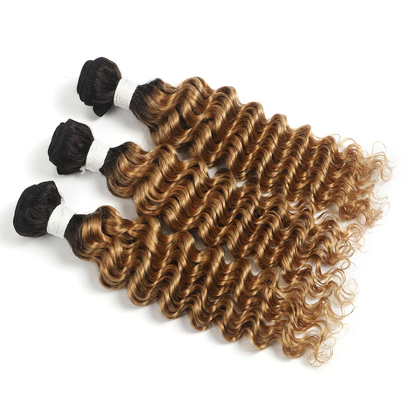 T1B/27 Ombre Blonde Bundles With Closure 4x4 SOKU Brazilian Deep Wave Human Hair Weave Lace Non-Remy | Шиньоны и парики