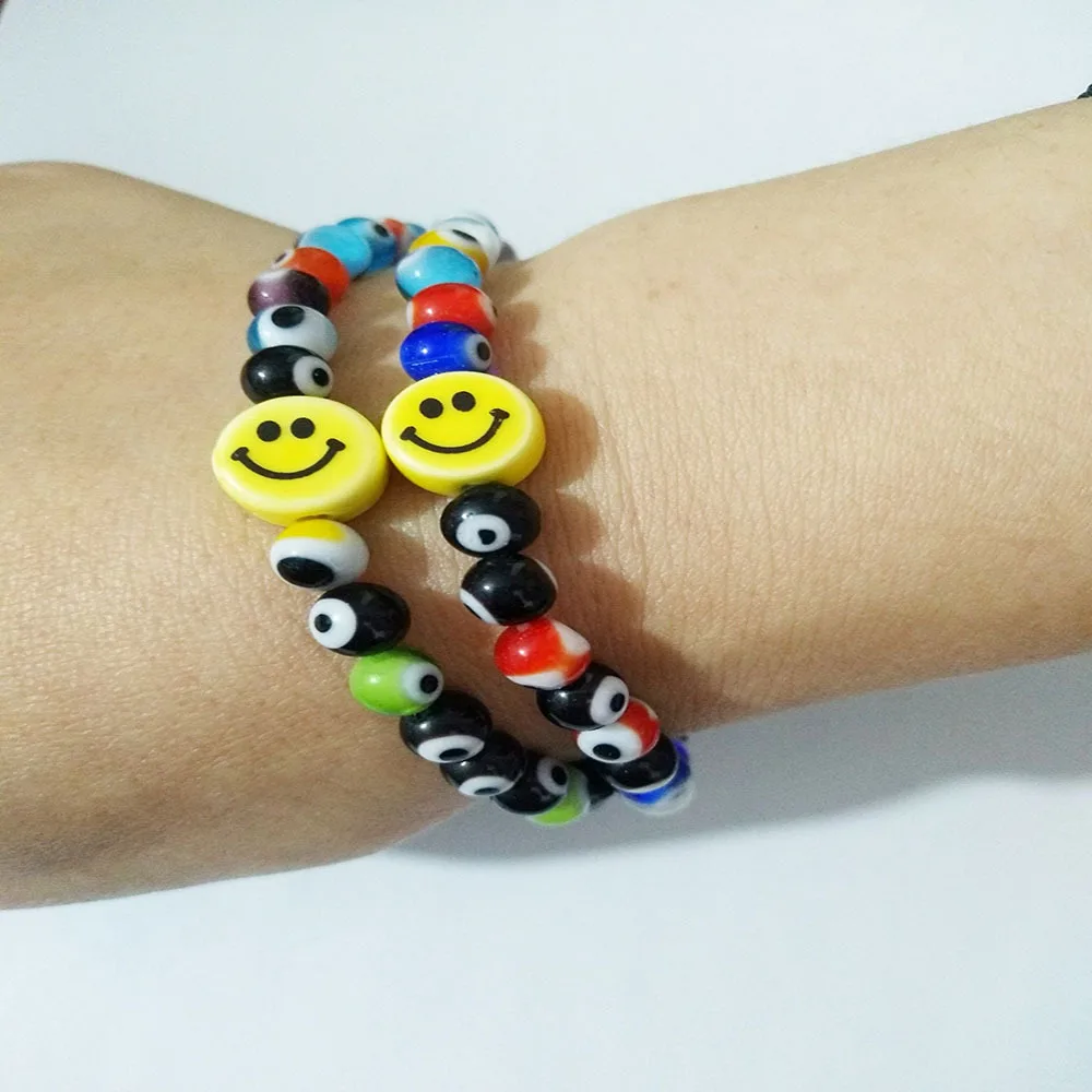 

Evil Eye Glass Beads Beaded Bracelet for Women Smiley Charm Elastic Adjustable Bracelets Female Hand Chain 2021 Fashion Jewelry