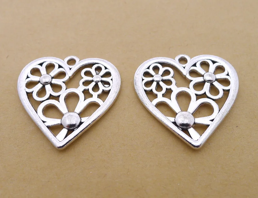 

Charm for making jewelry 5pcs 28x28mm antique silver color Heart charms