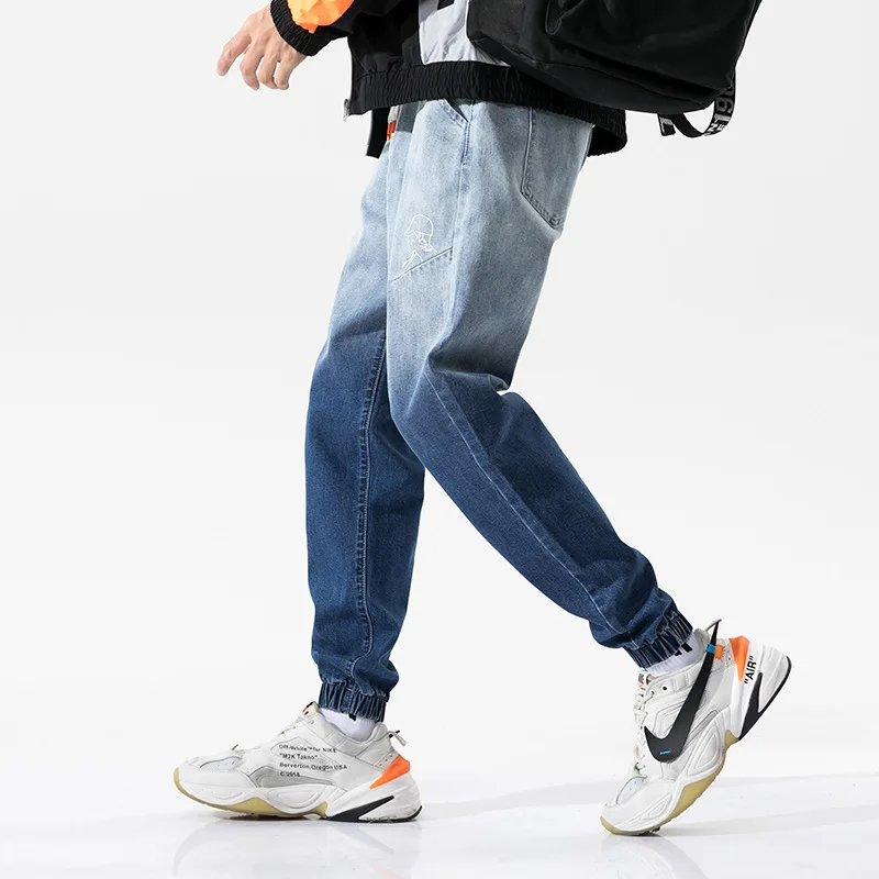 

Новинка 2021, мужские потертые джинсы, прямые повседневные брюки-карандаш в японском ретро-стиле, джинсы с градиентом, Мужские Простые свобод...
