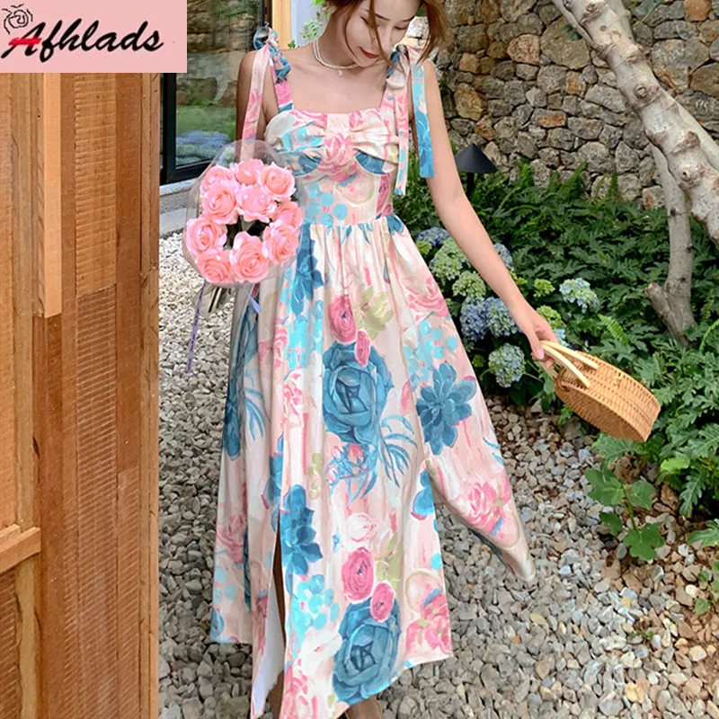 

Женское платье с высокой талией, элегантное пляжное платье с цветочным принтом на завязках, праздничное платье без рукавов с вырезом-лодочк...