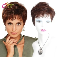 short red wine brown synthetic hair wigs for black women female haircut puffy straight natural wig
