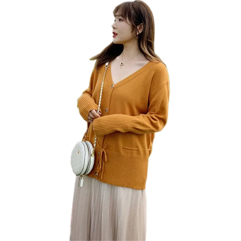 

2020 fashion oversize V-neck knitted sweater women spring autumn cardigan jacket casual top thin single-breasted sweaters KW81