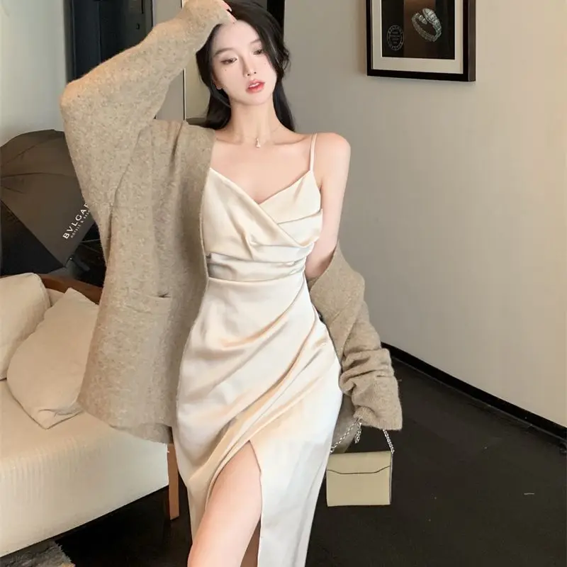 

Осеннее женское сексуальное облегающее платье на бретельках, свободный свитер, вязаный кардиган, женские платья, комплекты