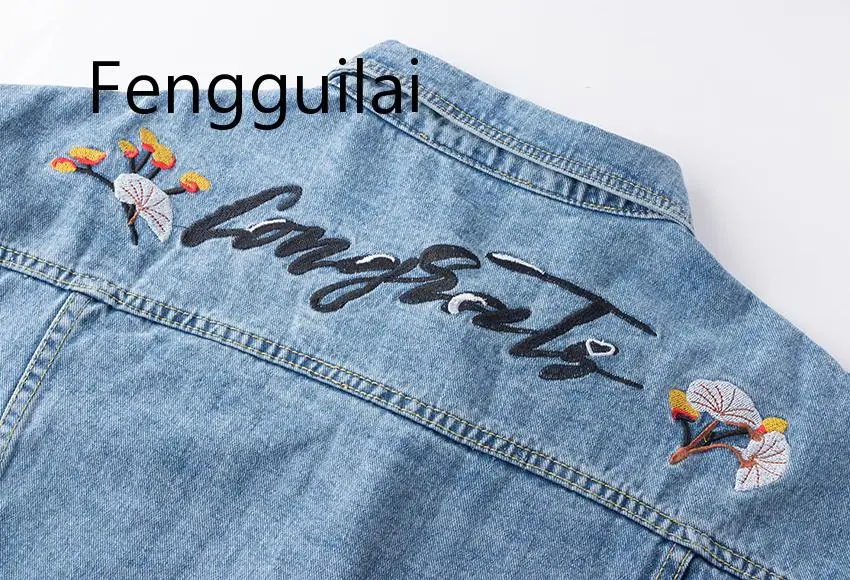 

FENGGUILAI new Women Short Cropped Denim Blue Jacket Button Long Sleeves Jean Turn Down Collar Flower Letter Floral Embroidery
