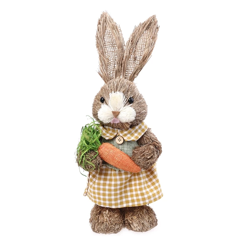 

14" Artificial Straw Bunny Standing Rabbit with Carrot Home Garden Decoration Easter Theme Party Supplies