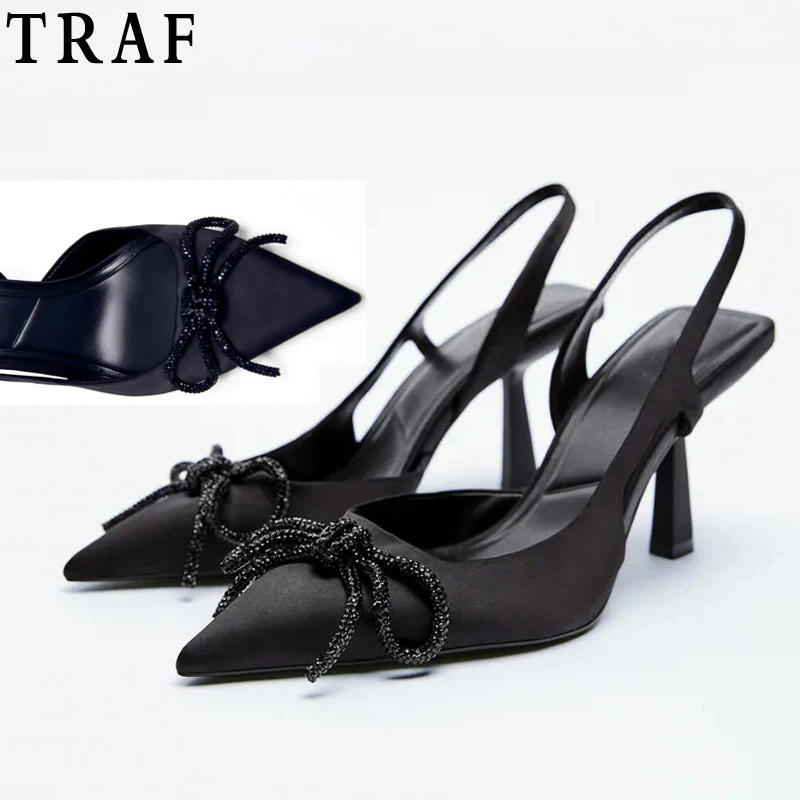 

Женские босоножки на шпильке TRAF Za, черные элегантные свадебные туфли с острым носком и блестящим бантом, обувь для вечерние ринки, 2021