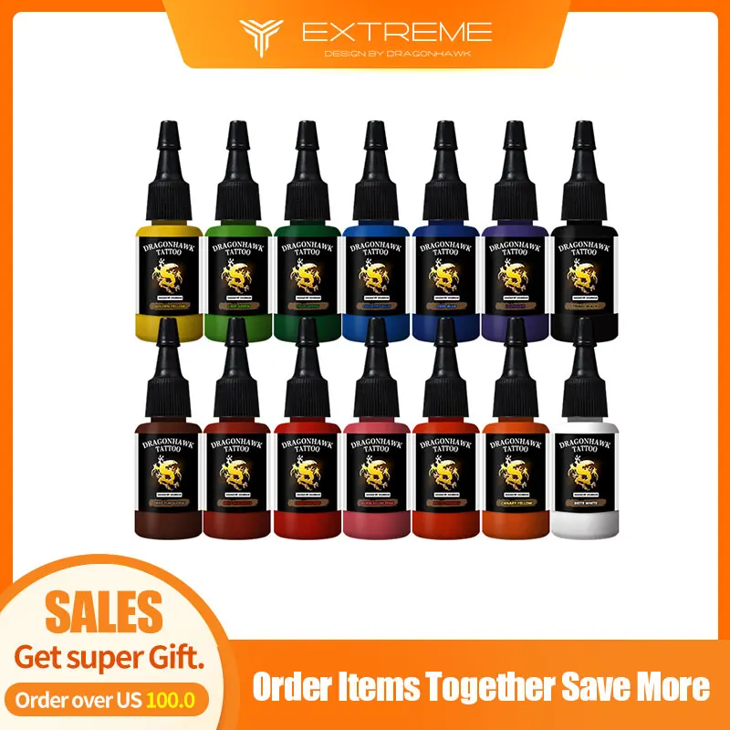 Чернила для тату dragonhawk 14-PACK основной набор цветов 0,5 oz бутылки