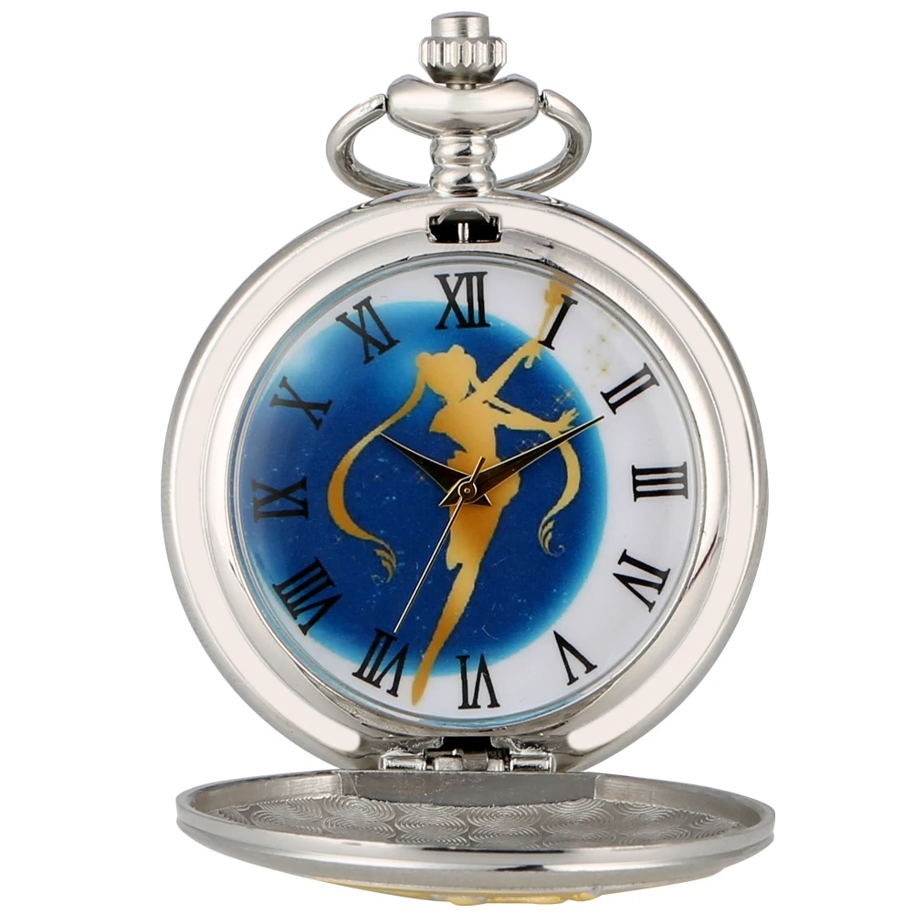 

Silver Sailor Moon Quartz Pocket Watch New Fashion Women Pendant Watches Star Slim Necklace Chain Clock with Pentagram Accessory