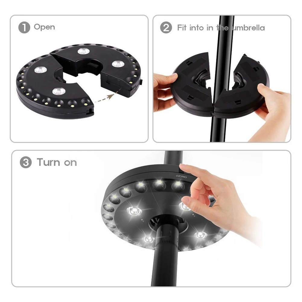 

Umbrella Light 3 Lighting Modes Cordless 28 LED Lights Umbrella Pole Light For Camping Tents Outdoor Use Battery Operated Black
